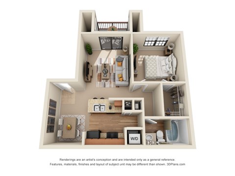Floor plan for 1 bed, 1 bath, 716 sqft